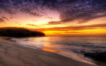 Sunset - beauty, beach, sky, peaceful, colorful, sunset, view, reflection, clouds, sand, summer, lovely, waves, nature, beautiful, splendor, colors