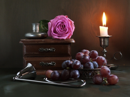 Still Life - nice, beauty, roses, photography, candles, rose, still life, other, with love, pretty, vintage, romance, candle, light, for you, lovely, nature, romantic, beautiful, flowers, grapes, colors