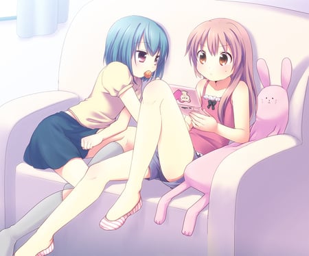 its nice to share - women, rabbit, anime, anime girl, female, ds, girl, couch, sucker, nintendo, video game