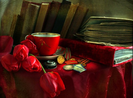 New Among The Old - red tulips, medals, tulips, saucer, still life, cup, table, books, red tablecloth, flowers