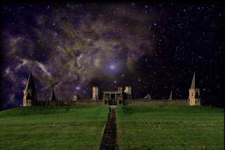 Castle in the Night Sky - sky, night, in, the, galaxy, dark, castle, green, driveway, medieval, grass