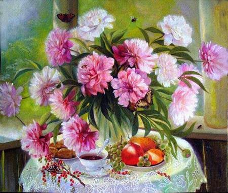 Ð•Ñ€Ð¼Ð¾Ñ…Ð¸Ð½Ð° Ð•Ð»ÐµÐ½Ð°. ÐŸÐ¸Ð¾Ð½Ñ‹ Ð² ÑÐ°Ð´Ñƒ - painting, coffee, art, table, apple, still life, flower