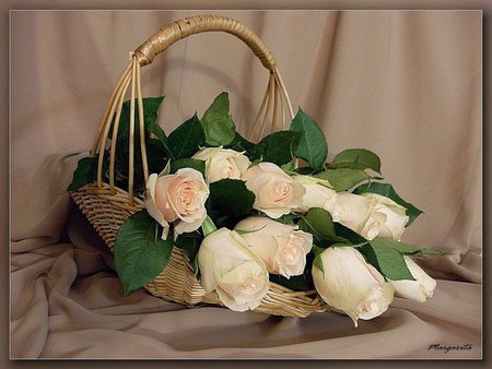 Rose basket - love, nature, basket, bouquet, still life, rose