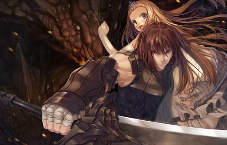 Save the Princess - pretty, anime, warrior, man, long hair, dragon, blond, princess, nice, beautiful, girl, sword, beauty, handsome, protect, woman, good