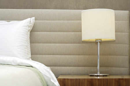 Bed Room - white, brown, lamp, bed