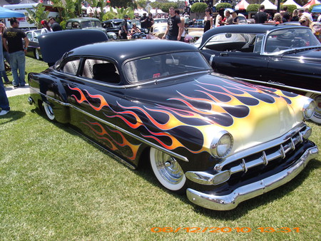 FLAMED CHEVY BELAIR - hotrod, cars, hott, autos, cool, cruiser, belair, outside, black, hot rods, classic, show, chevy