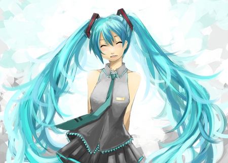 Hatsune Miku - tie, pretty, artistic, light, happy, uniform, goddess, nice, program, beauty, virtual, petals, cg, white, cute, song, vocaloid, anime, blue, twintail, hatsune miku, shiny, music, aqua, art, sky, idol, clouds, anime girl, skirt, beautiful, singer, girl, cool, black, glow, smile, miku, awesome, diva, digital, hatsune, vocaloids