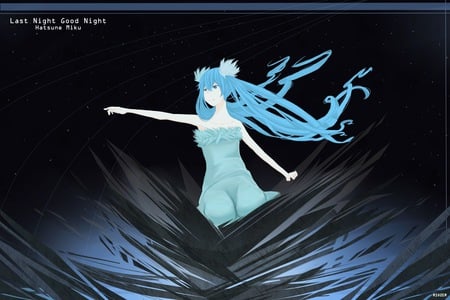 Hatsune Miku - Last Night, Good Night - sleeping, aqua, music, anime girl, white, art, cool, aqua eyes, artistic, last night, hatsune miku, song, space, vocaloids, program, vocaloid, beautiful, diva, dress, nice, beauty, twintail, singer, aqua hair, black, virtual, pretty, idol, anime, miku, cute, good night, stars, girl, cg, hatsune, flowers, digital, awesome, gray