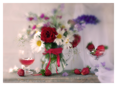 still life - nice, roses, photography, delicate, bouquet, rose, still life, pretty, cool, kettle, ribbon, daisies, harmony, glass, fruits, gentle, berries, lovely, fruit, vase, cup, beautiful, flowers, photo, flower, beverage, elegantly