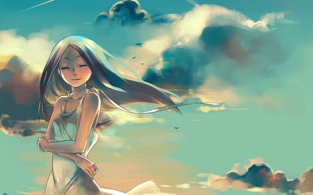 sweet anime girl - sky, girl, female, soft, pretty, clouds, anime, sweet, cute