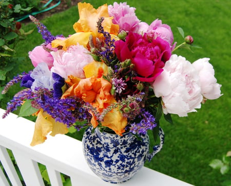 garden bouquet - flowers, garden, terrace, variable, fence, bouquet, still life