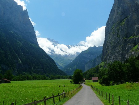 Village road - clouds, house, trees, green, road, grass, mountains, sky