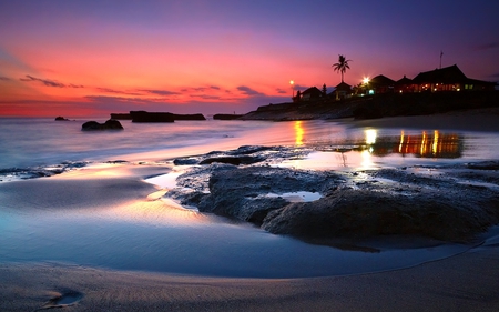 Lovely Place - beauty, sky, beach, bali, paradise, peaceful, colorful, sunset, view, reflection, clouds, architecture, house, resort, sand, houses, palms, summer, tropical, lovely, exotic, nature, luxury, beautiful, splendor, colors, lights