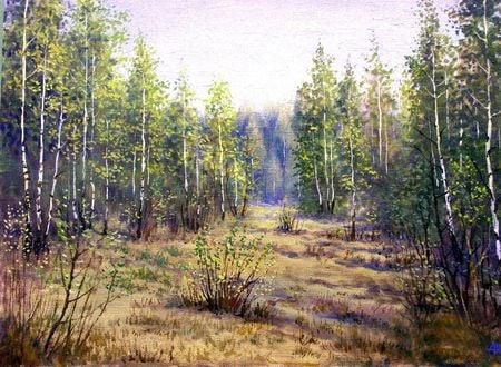 Ð.Ð¨ÑƒÐ±Ð¸Ð½. ÐÐ° ÑÐ¾Ð»Ð½ÐµÑ‡Ð½Ð¾Ð¹ Ð¿Ð¾Ð»ÑÐ½ÐºÐµ - path, forest, painting, art