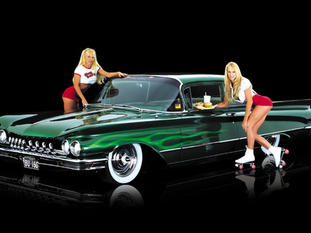 Green car and hot girls