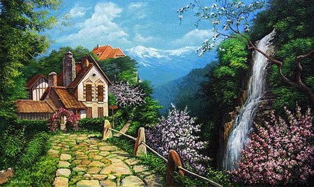 Olga Didyk. Spring on the edge of the world ... - olga didyk, painting, art, waterfalls, house, path