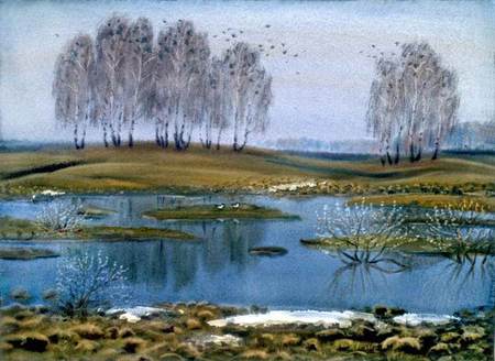 Ð“.Ð¢Ñ€Ð°Ð²Ð½Ð¸ÐºÐ¾Ð². Ð§Ð¸Ð±Ð¸Ñ Ð¿Ñ€Ð¸Ð»ÐµÑ‚ÐµÐ». - pond, tree, painting, nature, art