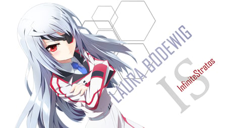 Infinite Stratos - gray hair, blush, laura bodewig, long hair, red eyes, eyepack