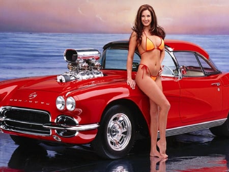 Sexy blonde and red car - women, female, people, beach, hot, models, lady, car, red, bikini, sexy