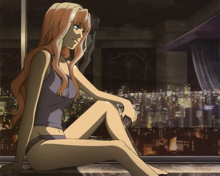 sitting by the window sill - pretty, anime, vest, window, girl, city, night, sill, shadow, ginger hair, lights, long curls, thinking, glass, underwear