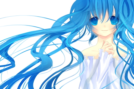 cute blue - long blue hair, girl, anime, big blue eyes, blush, smile, cute