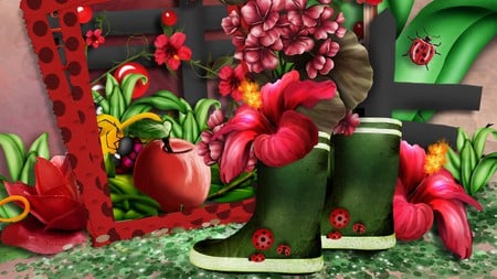 Garden Boots - flowers, boots, lady bug, grass, ladybugs, apple, firefox persona