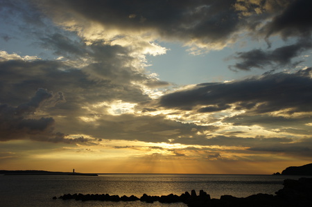 Fantastic sunset in Shimonoseki, Japan - clouds, fantastic, lighthouse, blue, beach, beautiful, evening, sea, orange, wonderful, japan, sunset, shimonoseki, nippon, cloudy, sky