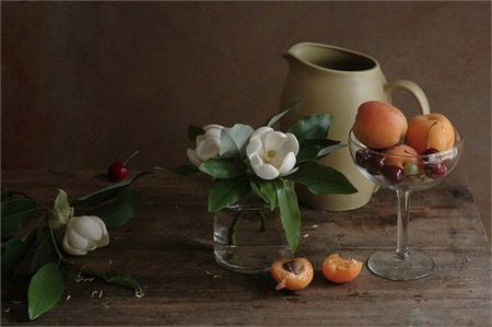    Magnolia  blossoms - cherries, peaches, blossoms, creamer, table, goblet, magnolia, flower