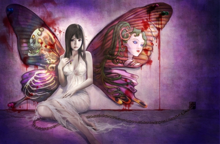 Butterfly Diva - white, butterfly, lady, chained, sad, good, bad