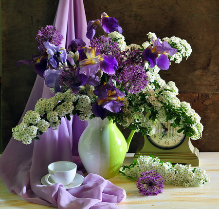 Endearing - orchids, silk, numbers, still life, cup, vase, purple, beautiful, clock, green, flowers, lilac