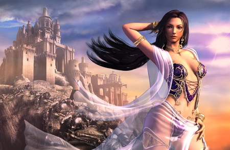 Last Chaos - clouds, last chaos, warrior, beauty, brown hair, woman, castle, sky, rocks