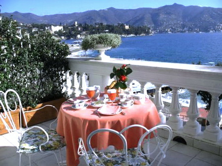 Breakfast near the lake - lake, coffee, mountains, blue sky, plants, balcony, breakfast, orange juice, near, table, armchairs, flowers