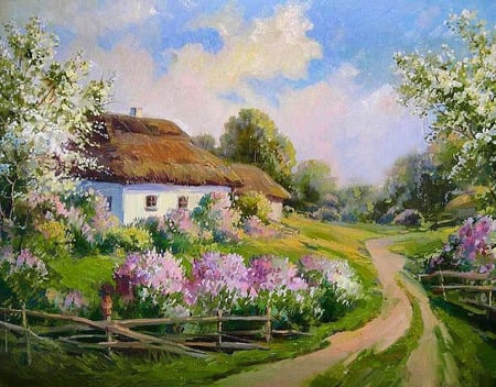 Ð’.Ð›ÑƒÑ†ÐµÐ²Ð¸Ñ‡ - flower, path, house, tree, painting, art