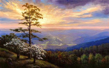 R. C. Davis - sky, tree, r c davis, sunset, painting, art