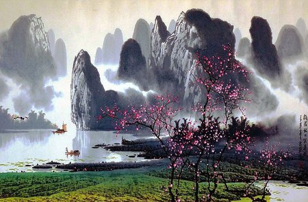 Chen Chun Zhong - painting, chen chun zhong, art, mountain, flower