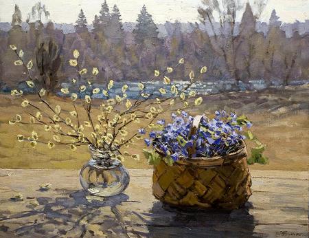 Ð’Ð¸ÐºÑ‚Ð¾Ñ€ Ð‘ÑƒÑ‚ÐºÐ¾. ÐŸÐµÑ€Ð²Ð¾Ðµ Ñ‚ÐµÐ¿Ð»Ð¾ - painting, art, basket, vase, flower