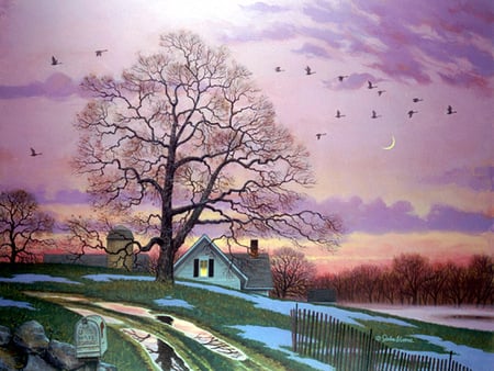 John Sloane. Spring Time - moon, sky, john sloane, path, spring, bird, painting, art, house, tree