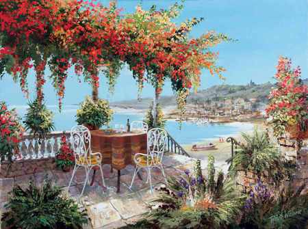 Reint Withaar Ð²ÐµÑ€Ð°Ð½Ð´Ð° Ñƒ Ñ‚ÐµÐ¿Ð»Ð¾Ð³Ð¾ Ð¼Ð¾Ñ€Ñ - painting, art, flower, terrace