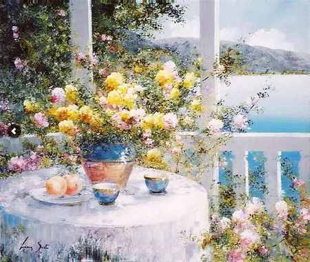 Lucia Sarto - lucia sarto, painting, table, fence, flower, art, bouquet, still life