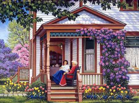 John Sloane - Sit and spell - woman, women, porche, people, john sloane, painting, art, pretty, artwork, sit and spell, paintings, house, tree, houses, nature, beautiful, flowers, flower