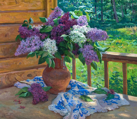 Ð¡.Ð‘Ñ€ÑƒÑÐ¸Ð»Ð¾Ð². Ð¡Ð¸Ñ€ÐµÐ½ÑŒ Ð½Ð° Ð²ÐµÑ€Ð°Ð½Ð´Ðµ - flower, fence, still life, painting, art