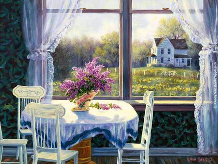 Randy van Beek - cottage, room, field, meadow, still life, wind, villa, curtain, spring, view, art, window, table, grass, garden, fresh, park, nature, chair, beautiful, cabin, nice, freshness, trees, greenery, painting, home, pretty, green, randy van beek, house, summer, lovely, vase, village, flowers, flower