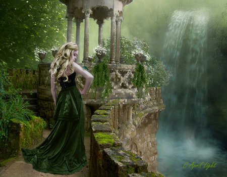 My Secret Place - fantasy, nature, waterfall, woman, beautiful, gazebo, girl, beauty