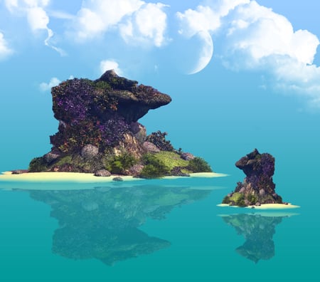 Island Paradise For you and Me - reflections, islands, clouds, skies, oceans, waters, dreams