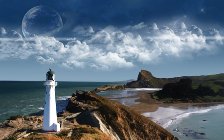 by the beautiful sea - moon, beauty, ocean, beach, lighthouse, sky, cliff, rocks, nature, pretty, clouds, scenery, sea