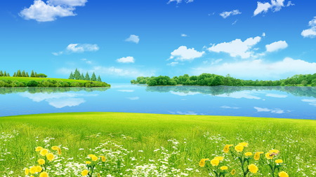 Spring - flowers, nature, blue, green, spring, grass, lakes