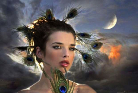 Peacock feathers - sky, girl, feathers, 3d