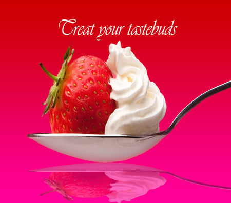 Treat Your Tastebuds - spoon, yummy, whip cream, fruits, delicious, strawberries, tasty, pink, red, dessert