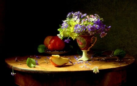 Antique Vase - table, flowers, antique cup, apples, still life, vase