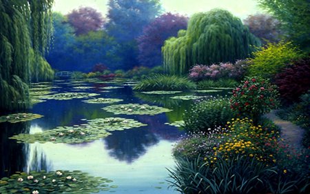 MORNING MIST - flowers, weeping willows, pond, mist, morning, forest, reflection